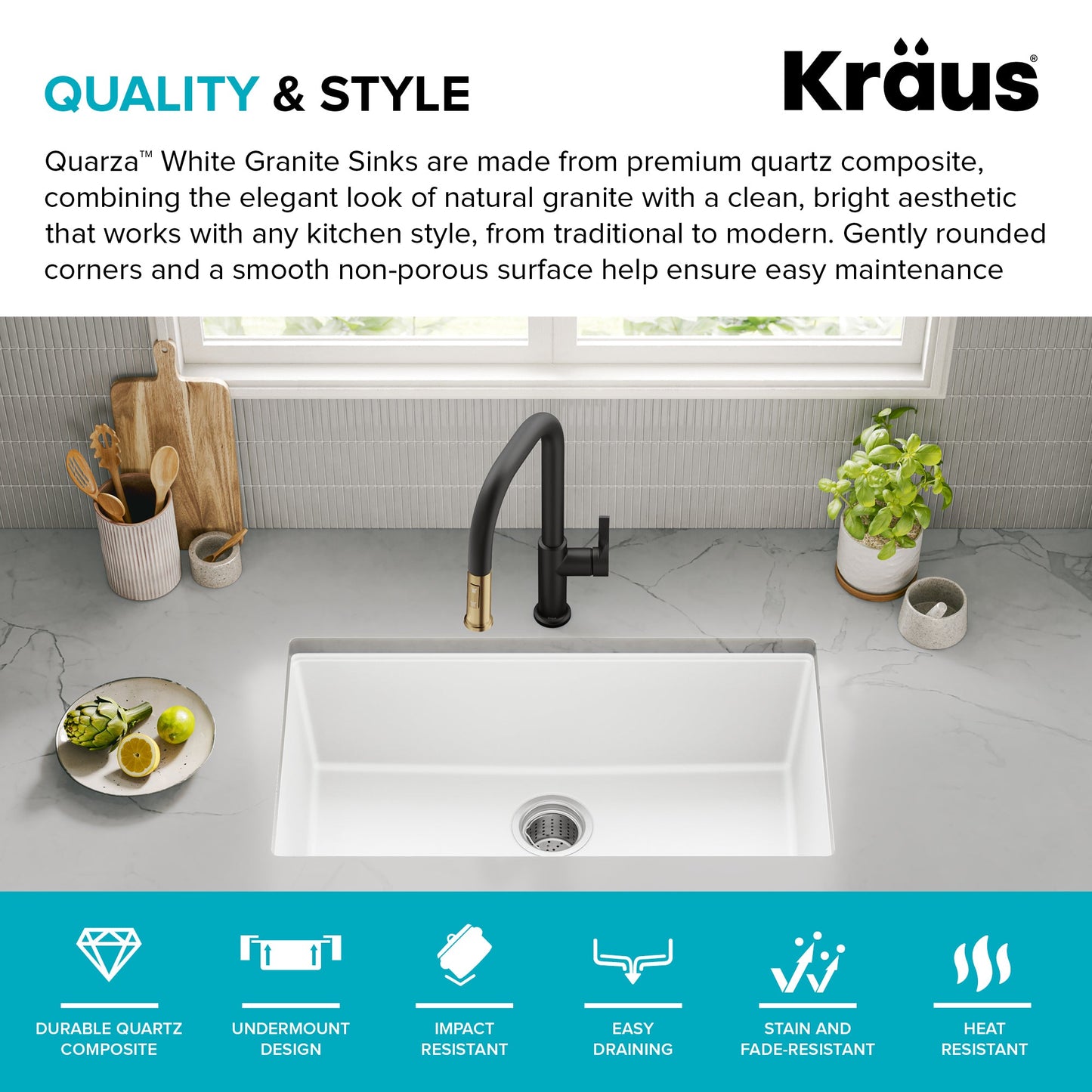 KRAUS Quarza 31” Granite Undermount Single Bowl White Kitchen Sink - KGU-413BWHITE