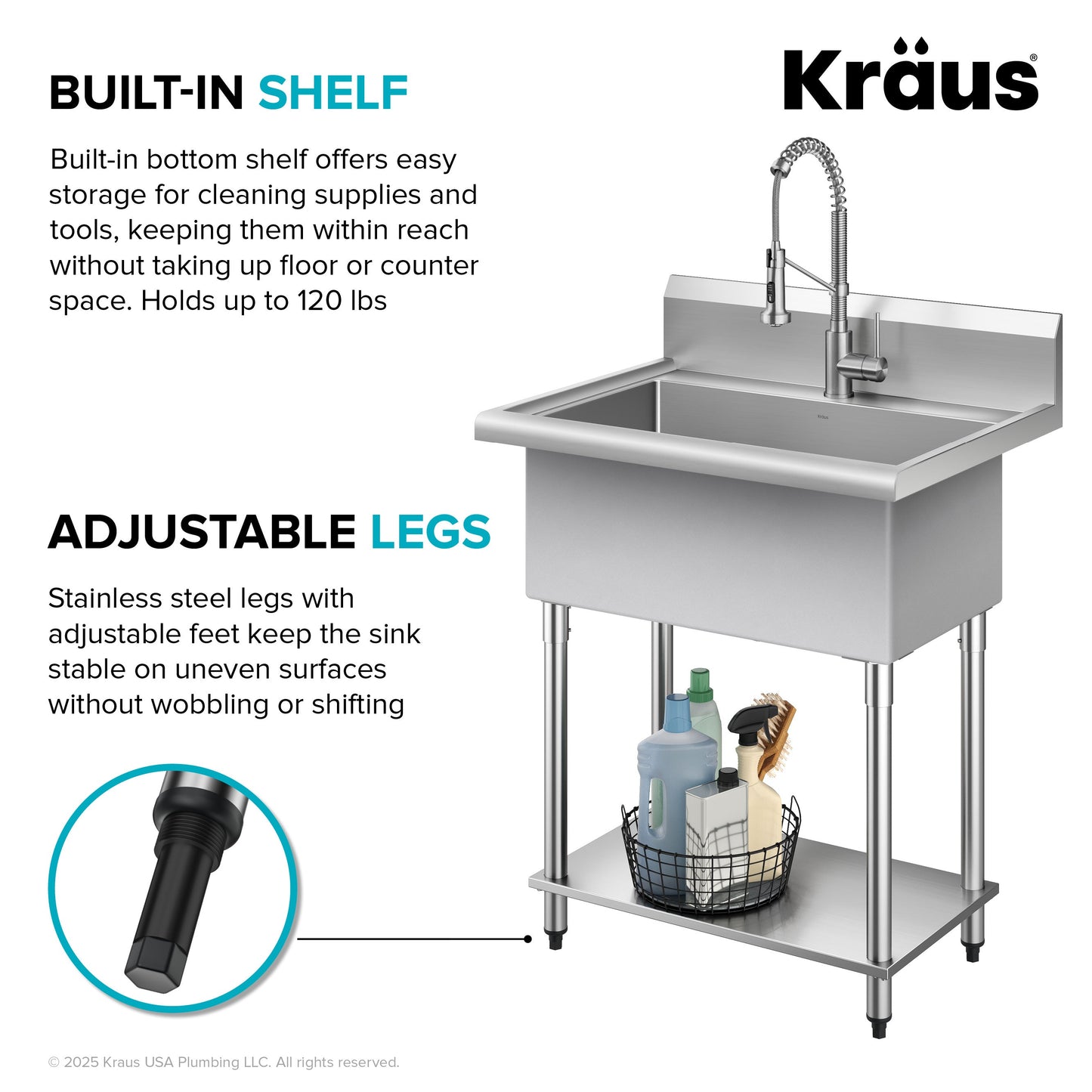 KRAUS Standart Pro 32” 18-Gauge Stainless Steel Single Bowl Commercial Style Laundry Utility Sink