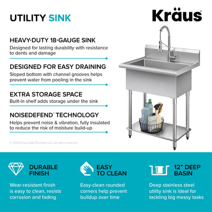 KRAUS Standart Pro 32” 18-Gauge Stainless Steel Single Bowl Commercial Style Laundry Utility Sink