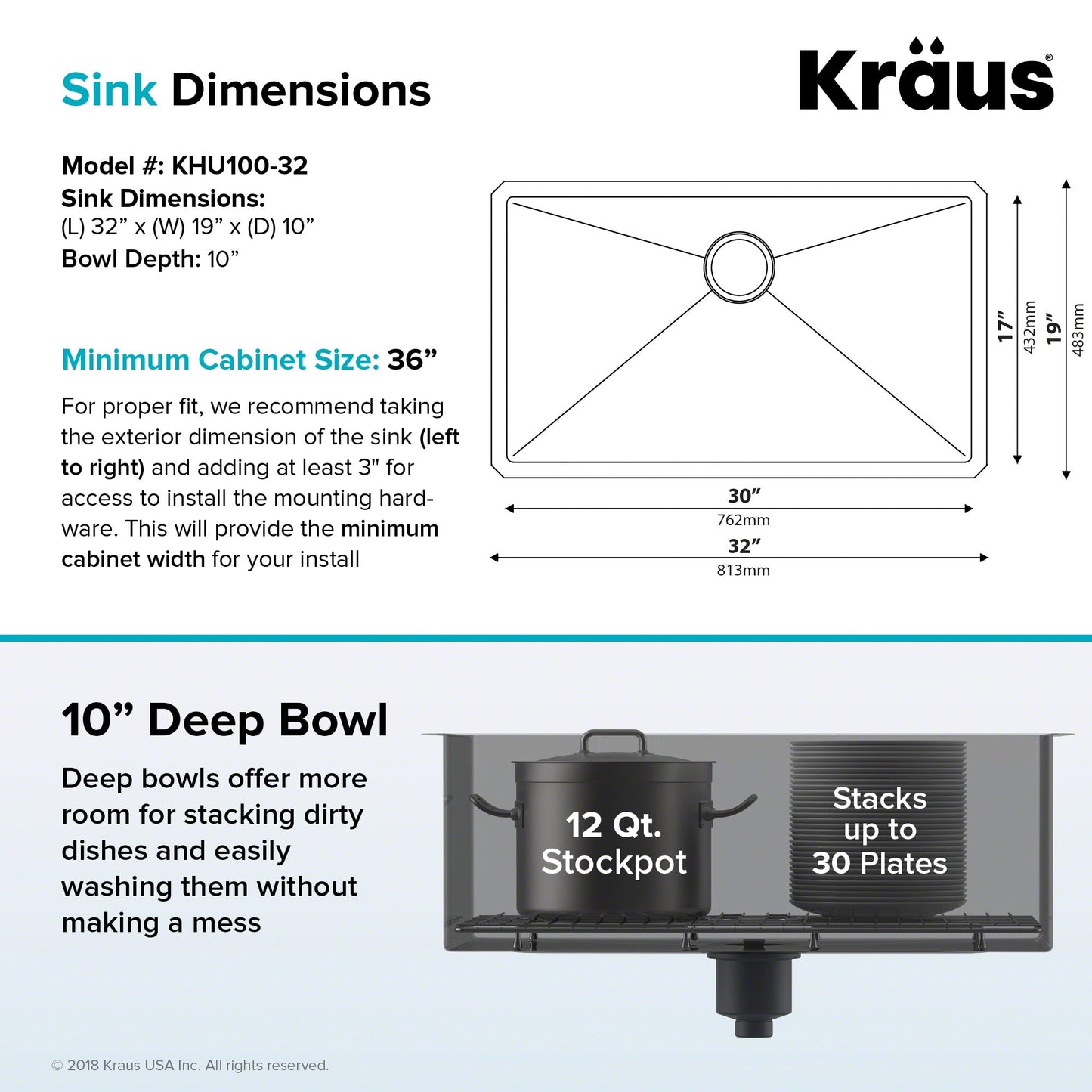 KRAUS 32" Undermount 16 Gauge Single Bowl Stainless Steel Small Radius Kitchen Sink - KHU100-32