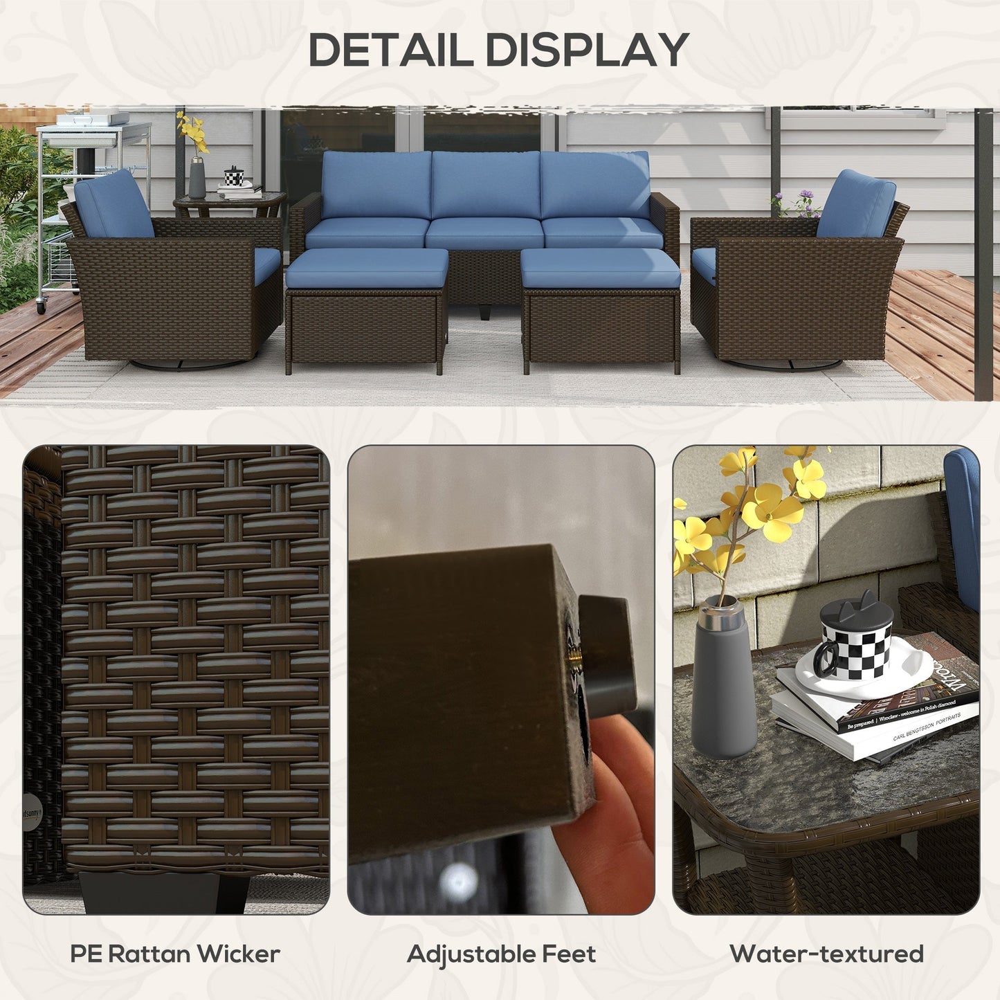 Outsunny 6-Piece Rattan Patio Set with 3-Seater Sofa, Swivel Rockers & 2-Tier Table, Deep Coffee - 860-312V00CF
