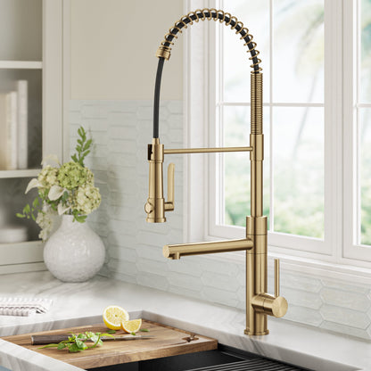 KRAUS Artec Pro 2-Function Single Handle Pull Down Kitchen Faucet in Brushed Brass - KPF-1605BB