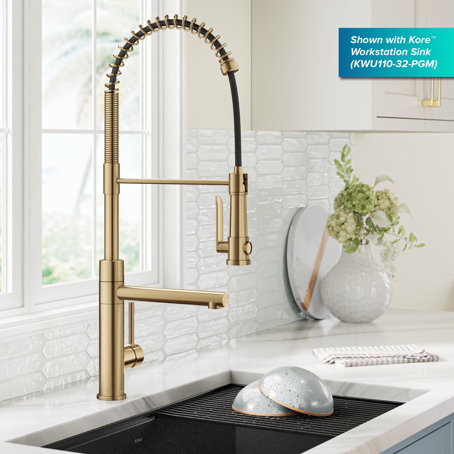 KRAUS Artec Pro 2-Function Single Handle Pull Down Kitchen Faucet in Brushed Brass - KPF-1605BB