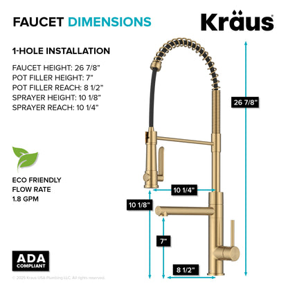 KRAUS Artec Pro 2-Function Single Handle Pull Down Kitchen Faucet in Brushed Brass - KPF-1605BB
