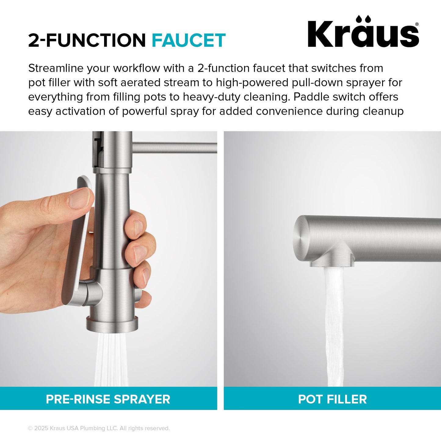 KRAUS Artec Pro 2-Function Single Handle Pull Down Kitchen Faucet in Brushed Brass - KPF-1605BB