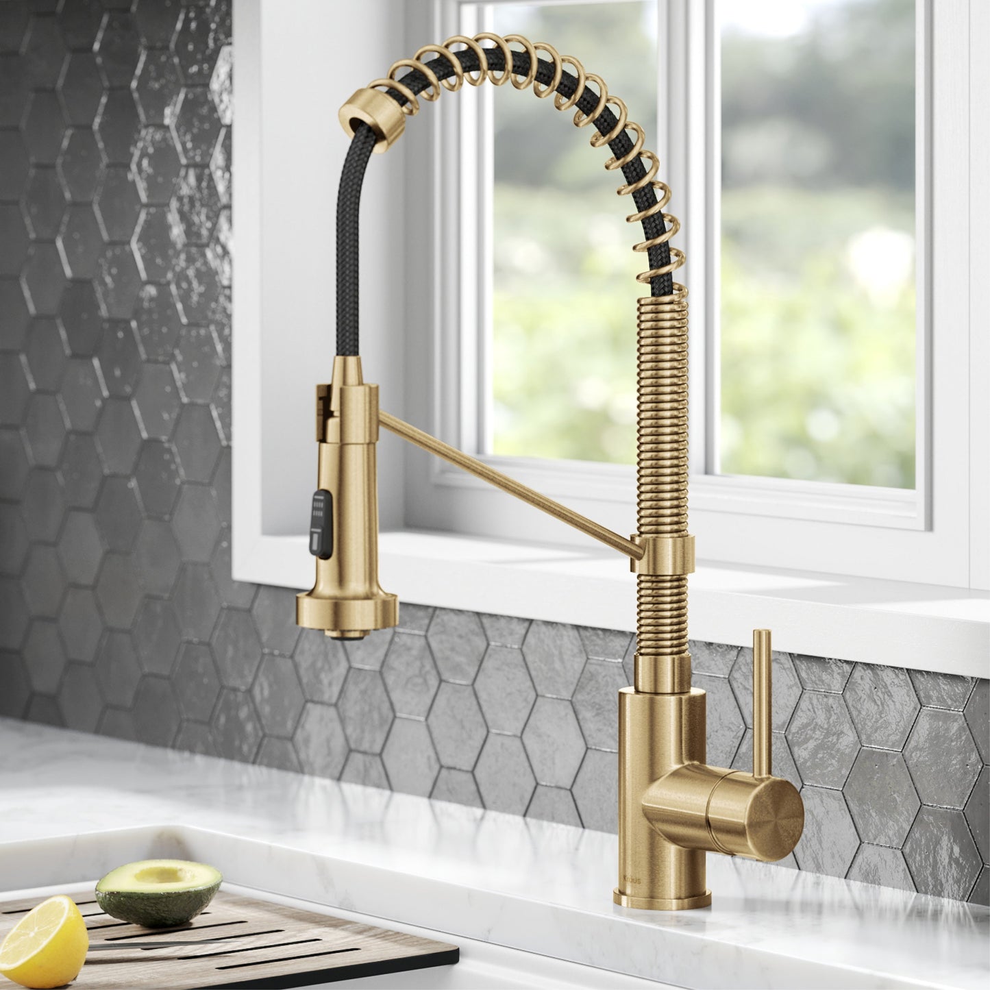 KRAUS Bolden Commercial Style Pull-Down Single Handle 18-Inch Kitchen Faucet in Brushed Brass - KPF-1610BB