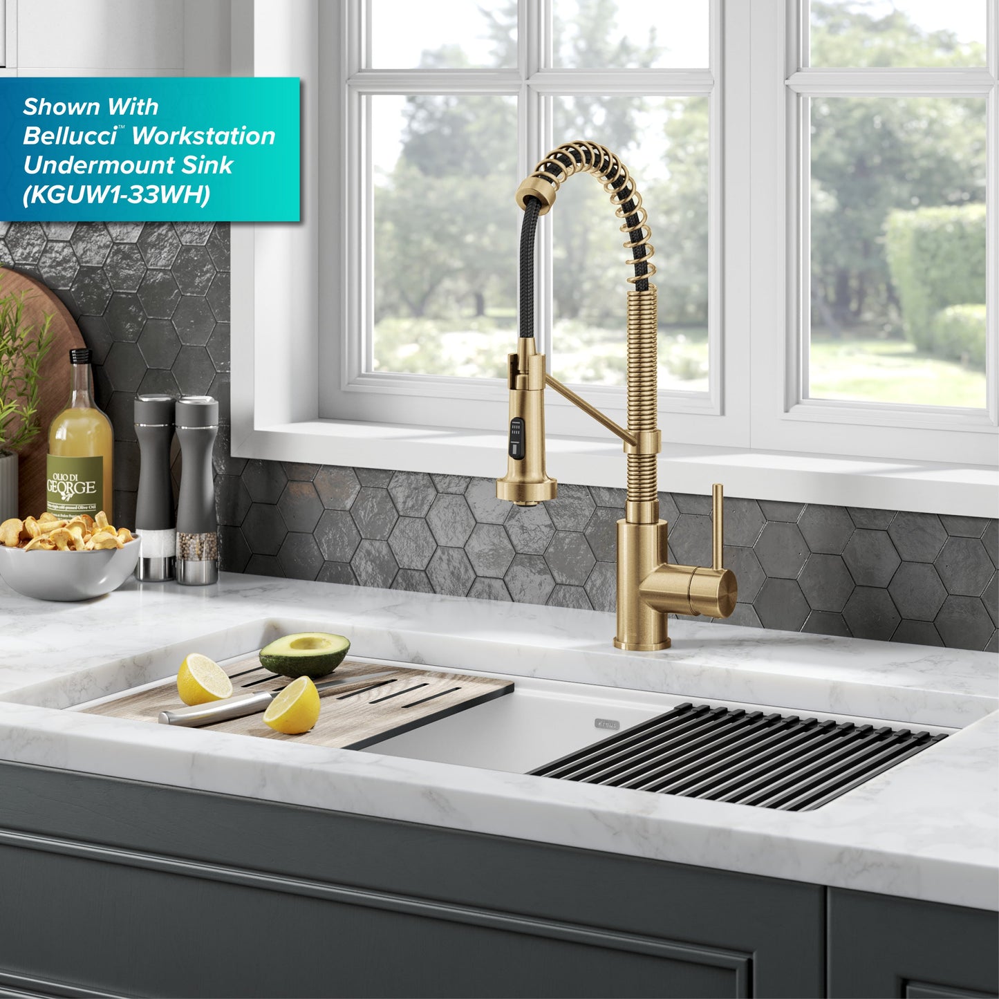 KRAUS Bolden Commercial Style Pull-Down Single Handle 18-Inch Kitchen Faucet in Brushed Brass - KPF-1610BB