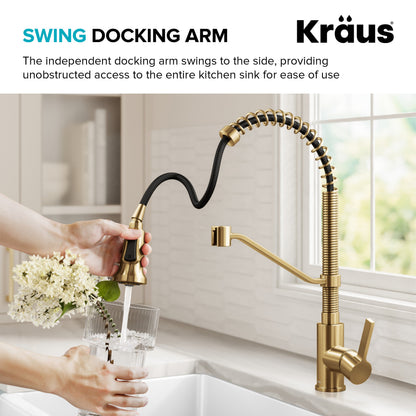KRAUS Britt Single Handle Pull Down Kitchen Faucet in Spot-Free Brushed Brass - KPF-1693BB
