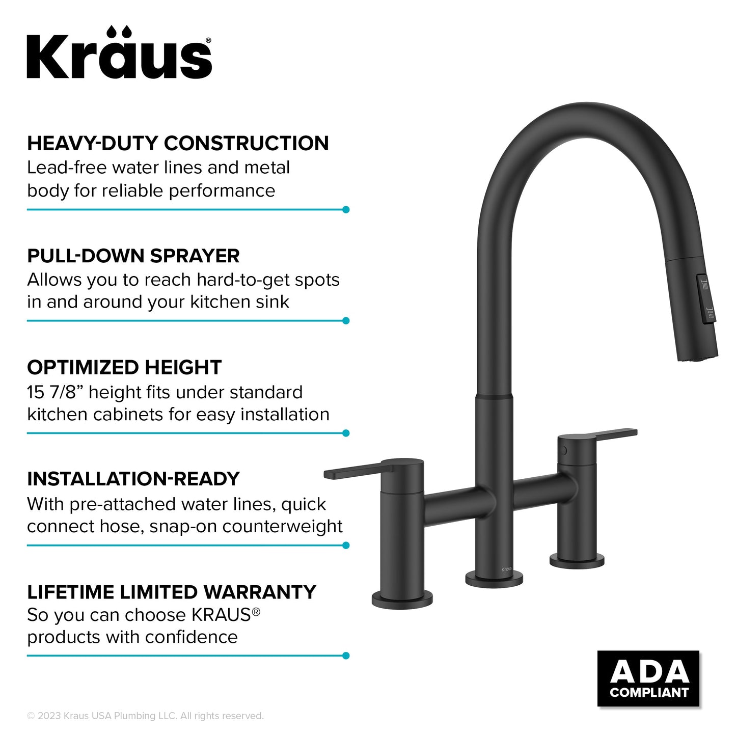 KRAUS Contemporary Bridge Kitchen Faucet with Spray-Head in Matte Black- KPF-3122MB