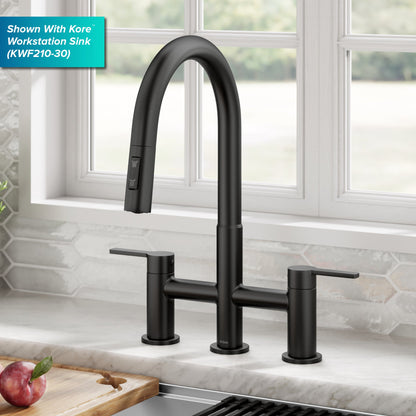 KRAUS Contemporary Bridge Kitchen Faucet with Spray-Head in Matte Black- KPF-3122MB