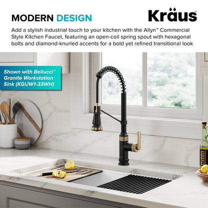 KRAUS Allyn Single Handle Pull Down Kitchen Faucet in Spot-Free Brushed Brass + Matte Black - KPF-4110BBMB