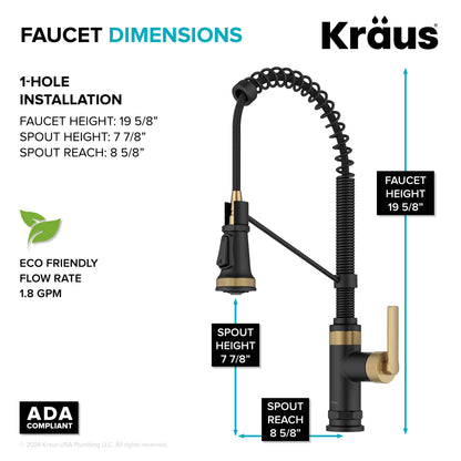 KRAUS Allyn Single Handle Pull Down Kitchen Faucet in Spot-Free Brushed Brass + Matte Black - KPF-4110BBMB