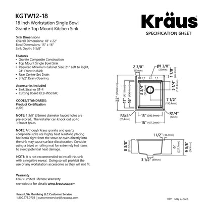 KRAUS 18” Drop-In Granite Composite Workstation Kitchen Bar Sink in White - KGTW12-18WH