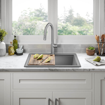 KRAUS 25” Drop-In Granite Composite Workstation Kitchen Sink in Metallic Grey - KGTW12-25MGR