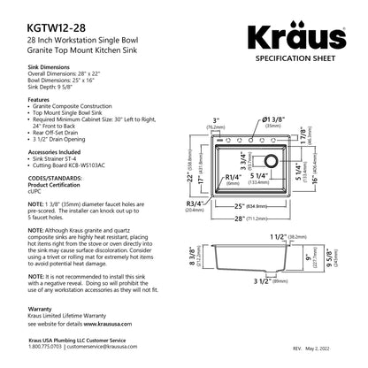 KRAUS 28” Drop-In Granite Composite Workstation Kitchen Sink in Metallic Black - KGTW12-28MBL