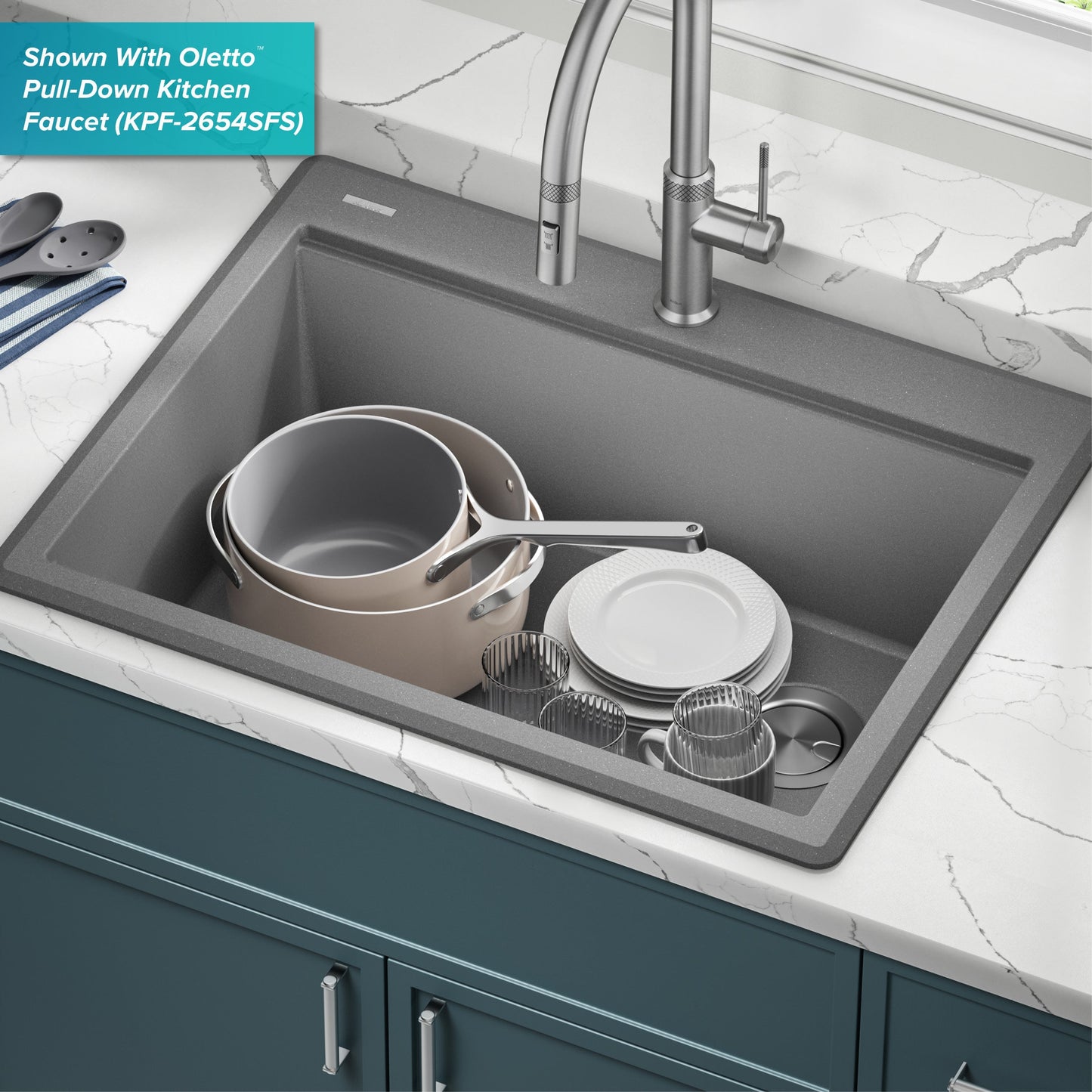 KRAUS 28” Drop-In Granite Composite Workstation Kitchen Sink in Metallic Grey - KGTW12-28MGR