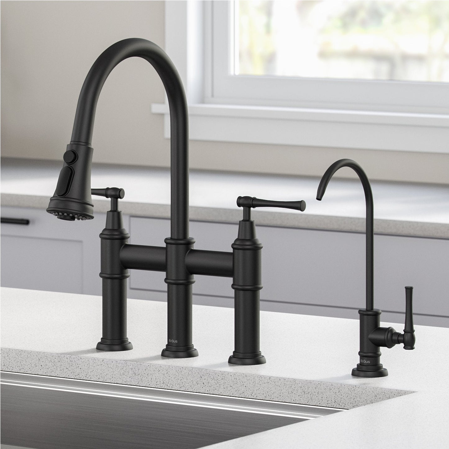 KRAUS Allyn Transitional Bridge Kitchen Faucet & Water Filter Faucet in Matte Black