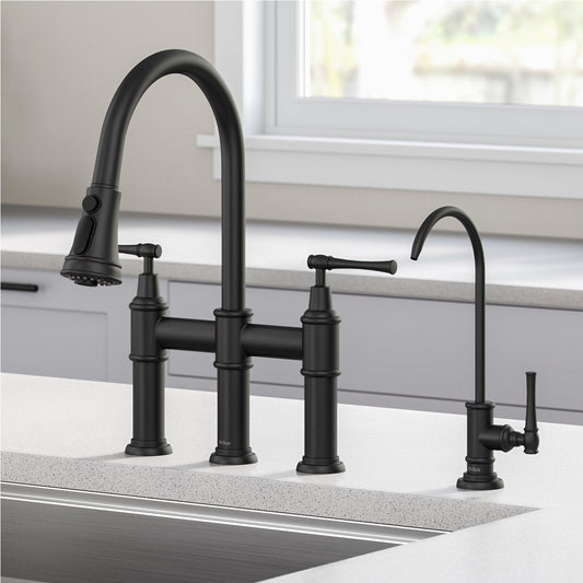 KRAUS Allyn Transitional Bridge Kitchen Faucet & Water Filter Faucet in Matte Black
