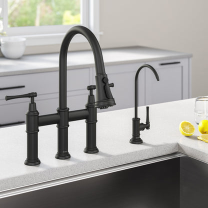 KRAUS Allyn Transitional Bridge Kitchen Faucet & Water Filter Faucet in Matte Black