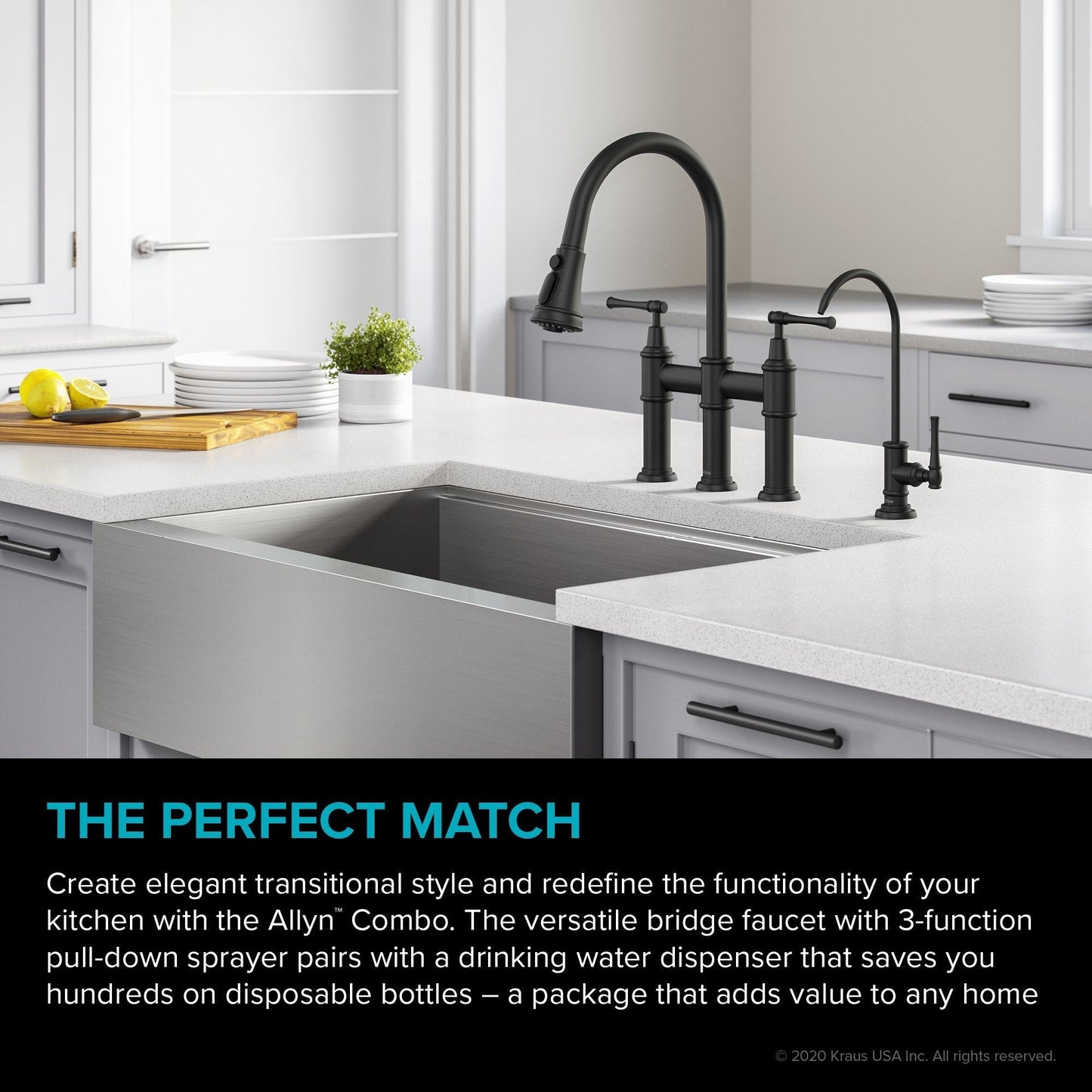 KRAUS Allyn Transitional Bridge Kitchen Faucet & Water Filter Faucet in Matte Black