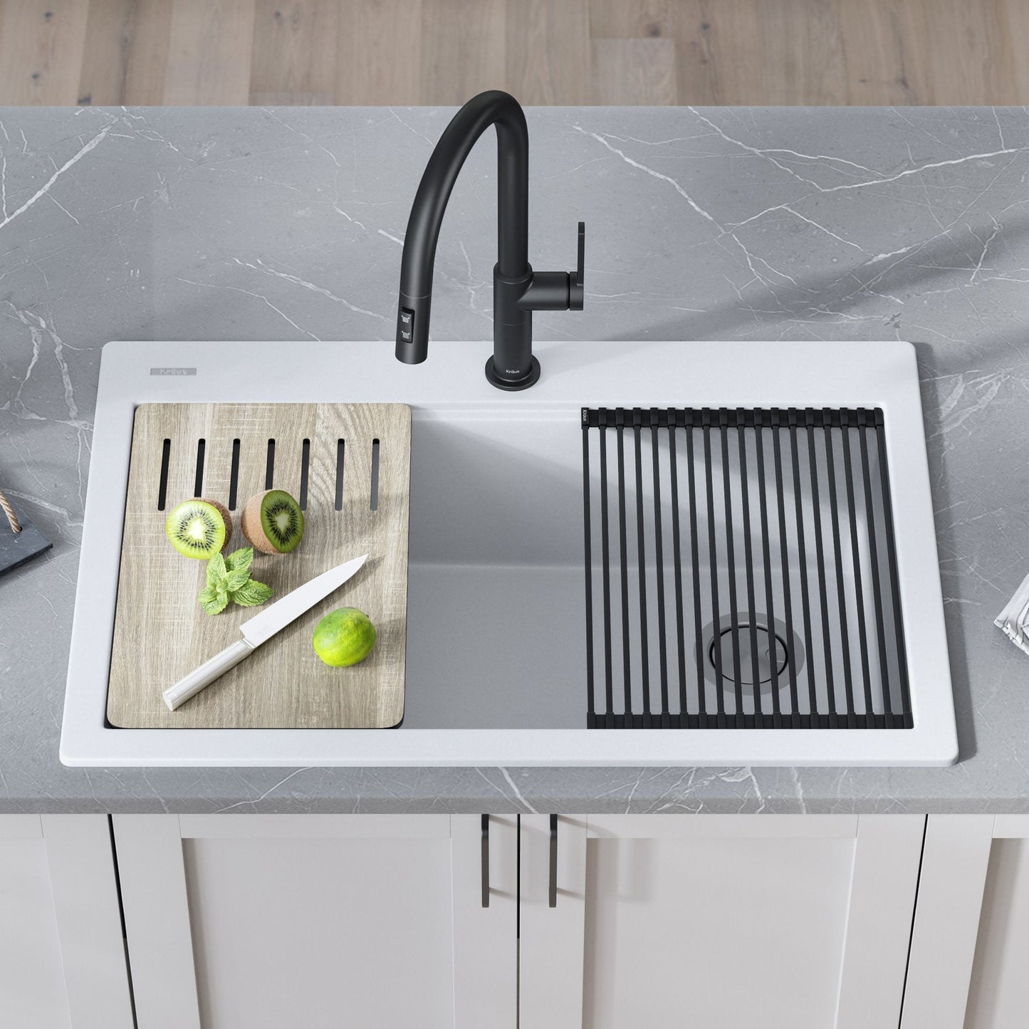 KRAUS Bellucci Workstation 33" Drop-In Granite Composite Kitchen Sink in White with Accessories - KGTW1-33WH