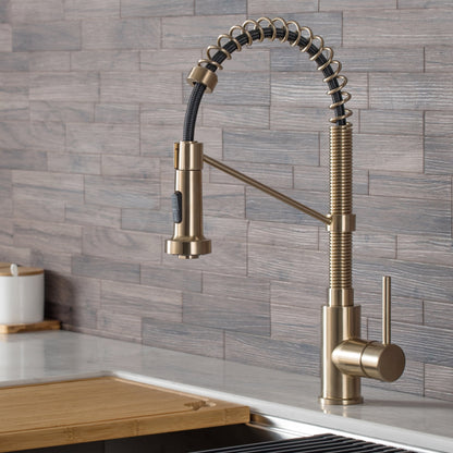 KRAUS Bolden Commercial Style Pull-Down Kitchen Faucet and Purita Water Filter Faucet Combo in Spot Free Antique Champagne Bronze - KPF-1610-FF-100SFACB