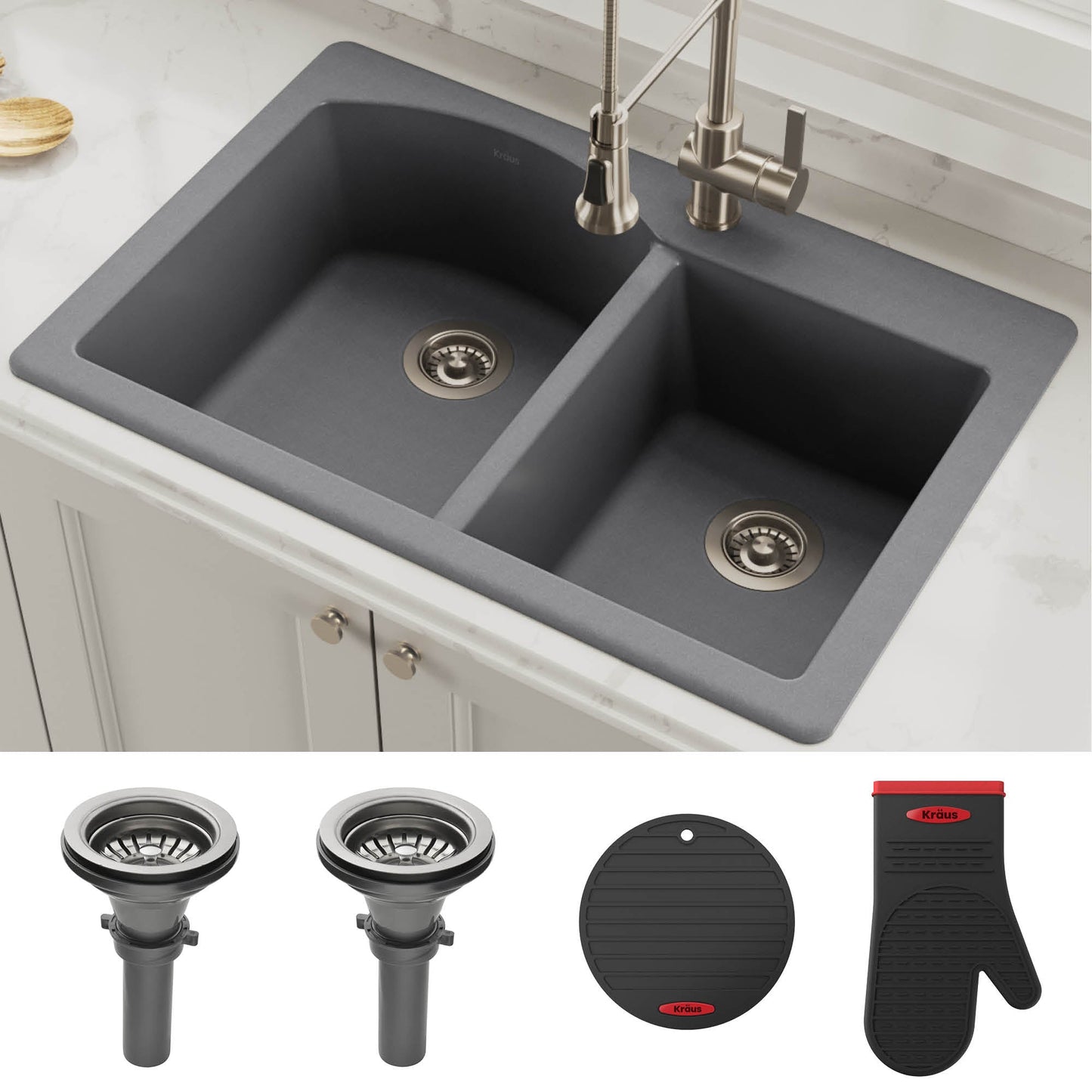 KRAUS Forteza 33" Dual Mount 50/50 Double Bowl Granite Kitchen Sink in Grey - KGD-52GREY