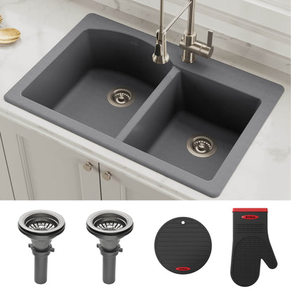 KRAUS Forteza 33" Dual Mount 60/40 Double Bowl Granite Kitchen Sink in Grey - KGD-50GREY
