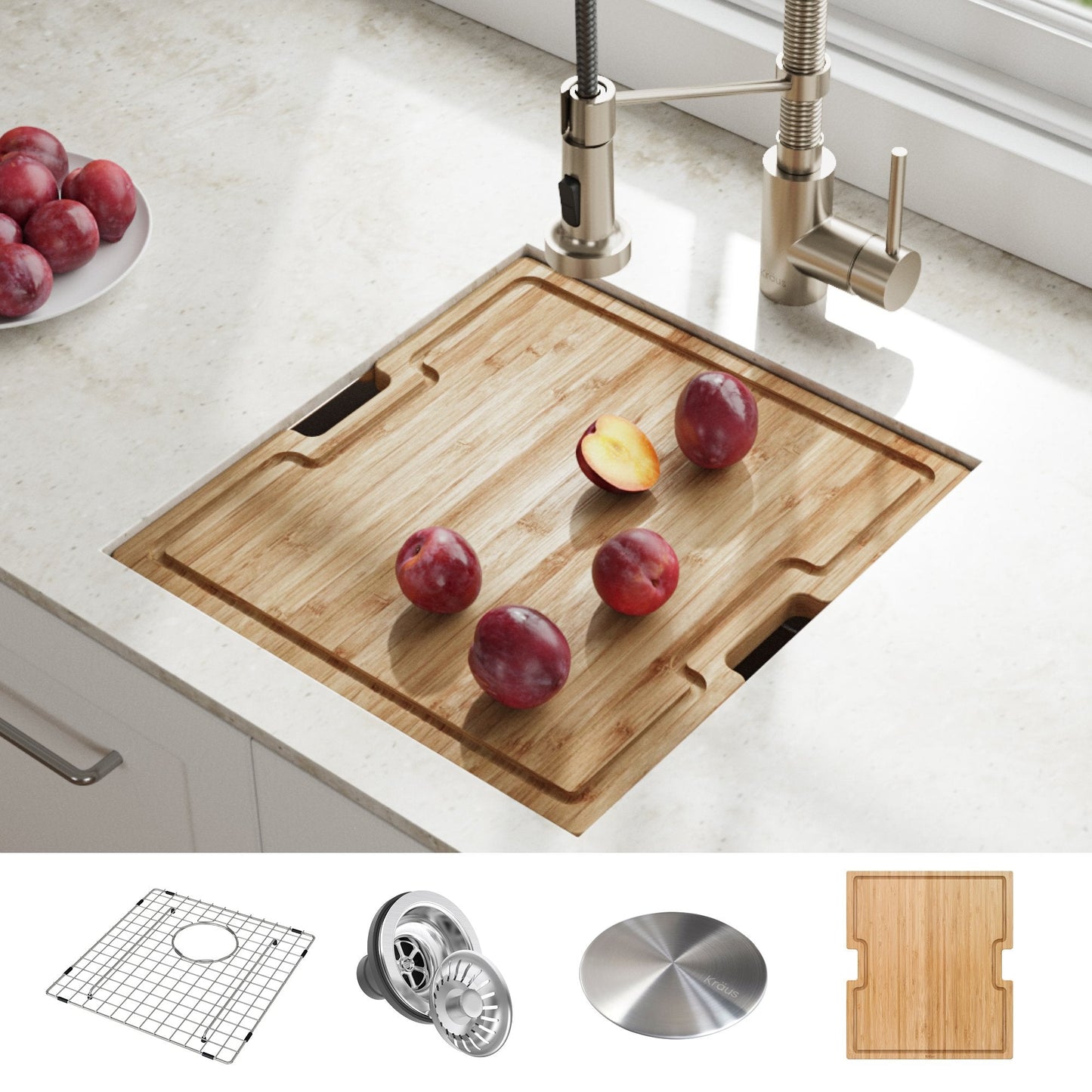 KRAUS Kore Workstation 17" Undermount 16 Gauge Single Bowl Stainless Steel Bar Sink with Accessories - KWU111-17