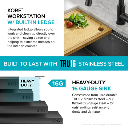 KRAUS Kore Workstation 27" Undermount 16 Gauge Single Bowl Kitchen Sink in PVD Gunmetal - KWU110-27-PGM