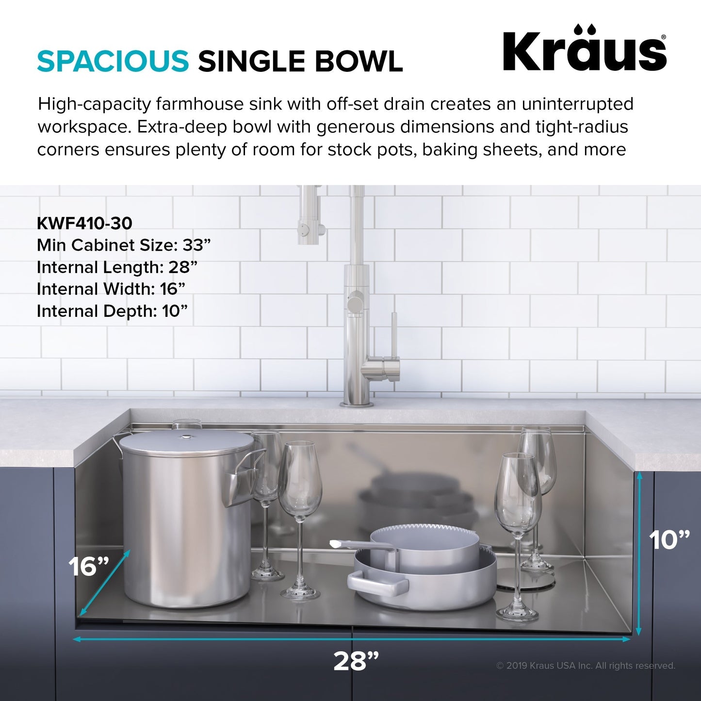 KRAUS Kore Workstation 30" Farmhouse Flat Apron Front 16 Gauge Single Bowl Stainless Steel Kitchen Sink - KWF410-30