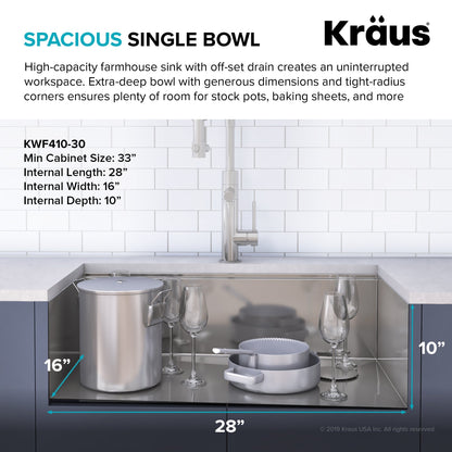 KRAUS Kore Workstation 30" Farmhouse Flat Apron Front 16 Gauge Single Bowl Stainless Steel Kitchen Sink - KWF410-30