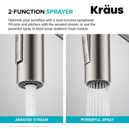 KRAUS Oletto Commercial Style Pull-Down Single Handle Kitchen Faucet in Brushed Brass - KPF-2631BB