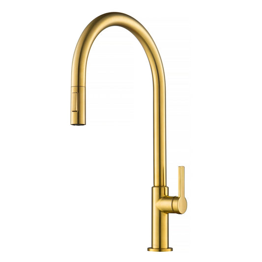 KRAUS Oletto High-Arc Single Handle Pull-Down Kitchen Faucet in Brushed Brass - KPF-2821BB
