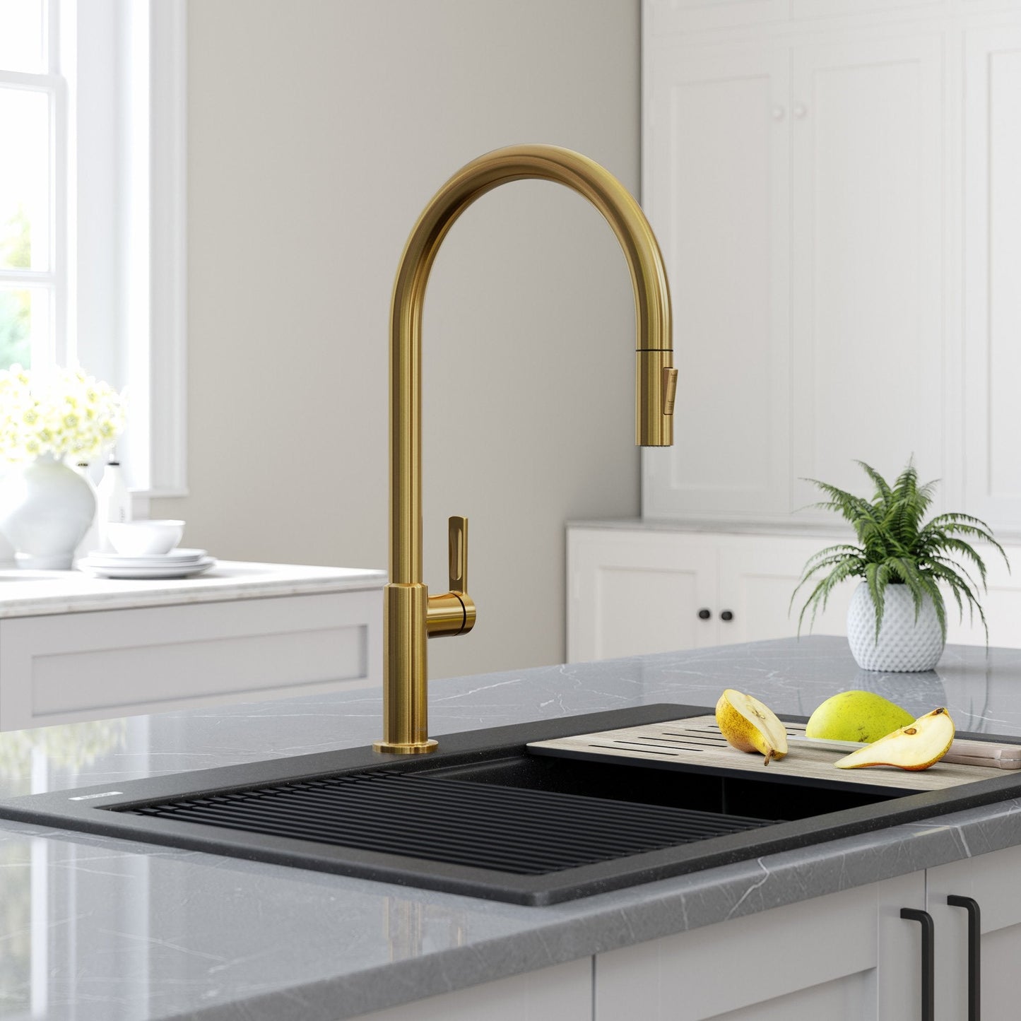 KRAUS Oletto High-Arc Single Handle Pull-Down Kitchen Faucet in Brushed Brass - KPF-2821BB