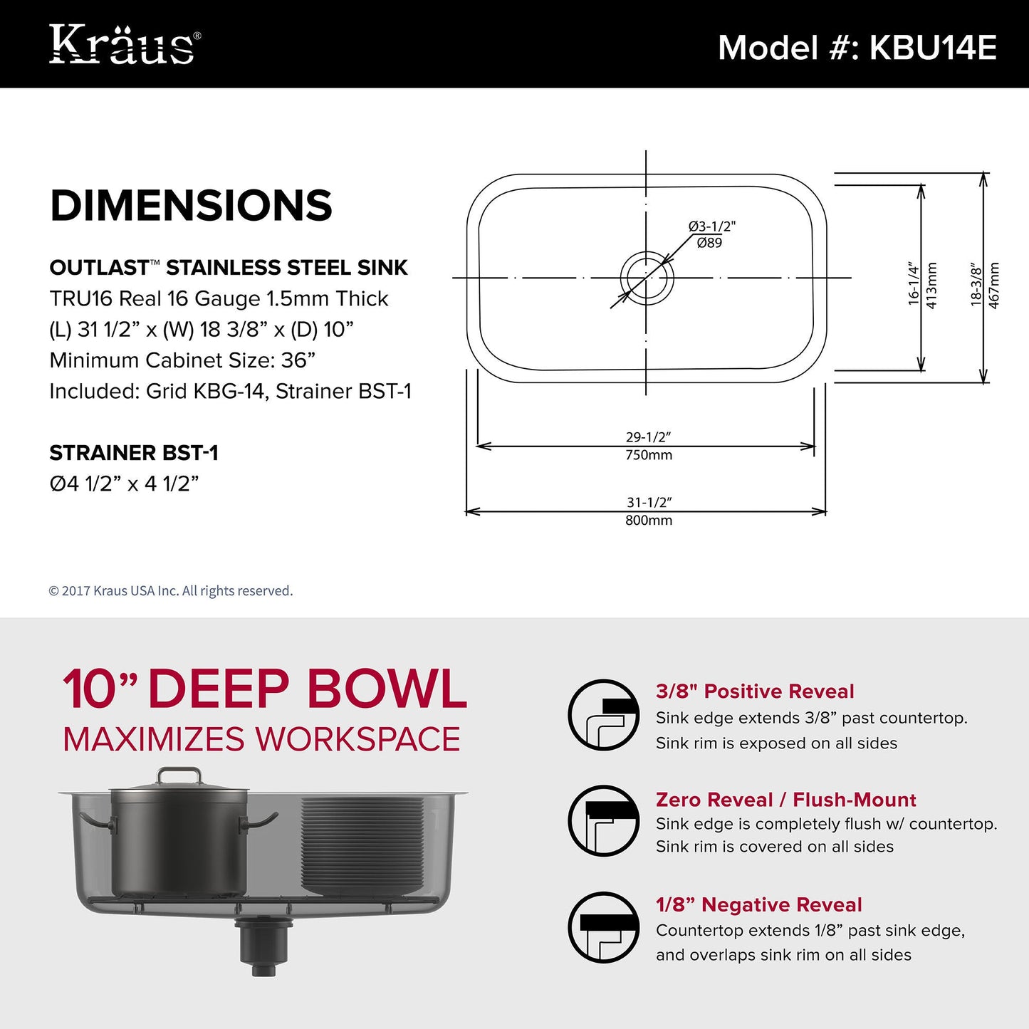 KRAUS Outlast MicroShield 16 Gauge Stainless Steel Undermount Kitchen Sink - KBU14E
