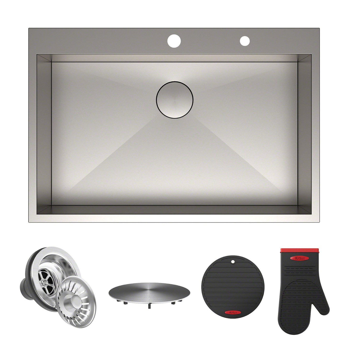KRAUS Pax Zero-Radius 33" Handmade Topmount Single Bowl 16 Gauge Stainless Steel Drop-In Kitchen Sink with 2 Pre-Drilled Holes - KP1TS33S-2