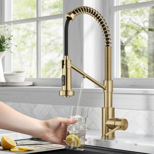 KRAUS Single Handle Kitchen Faucet with Integrated Dispenser for Water Filtration in Brushed Brass - KFF-1610BB