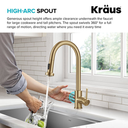 KRAUS Sensor Touchless Single Handle Pull Down Kitchen Faucet in Spot-Free Brushed Brass - KSF-1616BB