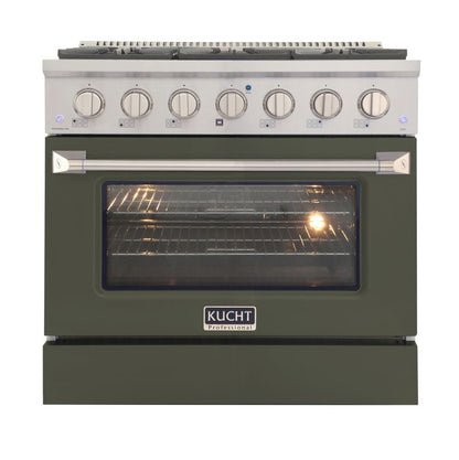 Kucht 36 Inch Professional KNG Series Natural Gas Stainless Steel Range with Olive Green Oven Door