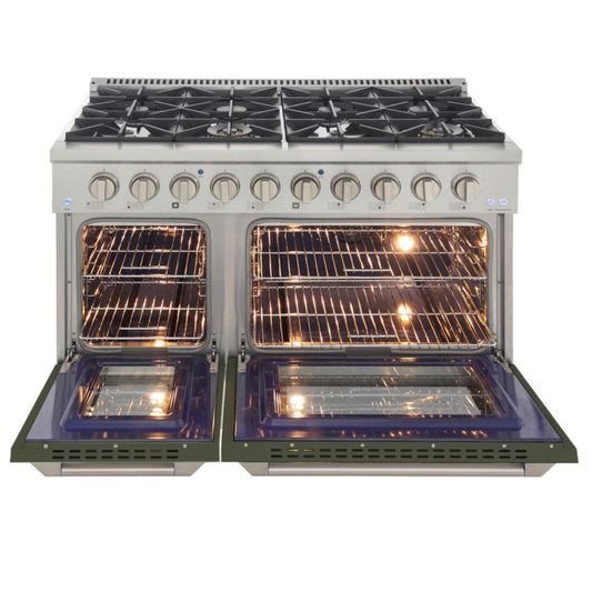 GREE Kucht 48 Inch Pro-Style KDF Series Liquid Propane Gas Stainless Steel Dual Fuel Range with Olive Green Oven Door - KDF482/LP-OG