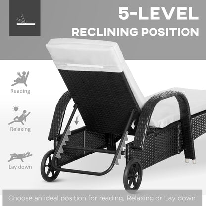 3-Piece Patio Chaise Lounge Chair with Table, 5-Level Adjustable Backrest & Wheels, Black - 862-011BK