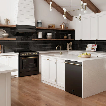 Forno 5-Piece Appliance Package - 30-Inch Electric Range, Under Cabinet Range Hood, French Door Refrigerator, Dishwasher, and 30-Inch Microwave Drawer in Black with Antique Brass Trim - APR5-6012-30BLK-MWD30
