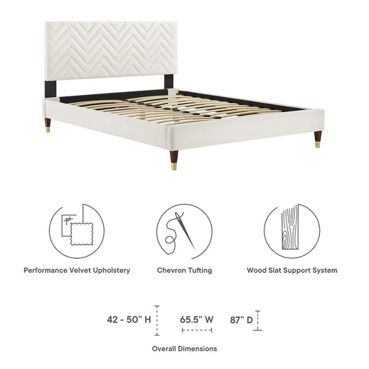 Modway furniture Leah Chevron Tufted Performance Velvet Platform Bed With Wood and Gold Legs - MOD-6969-WHI