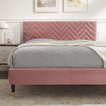 Modway furniture Leah Chevron Tufted Performance Velvet Platform Bed With Wood and Gold Legs - MOD-6969-WHI