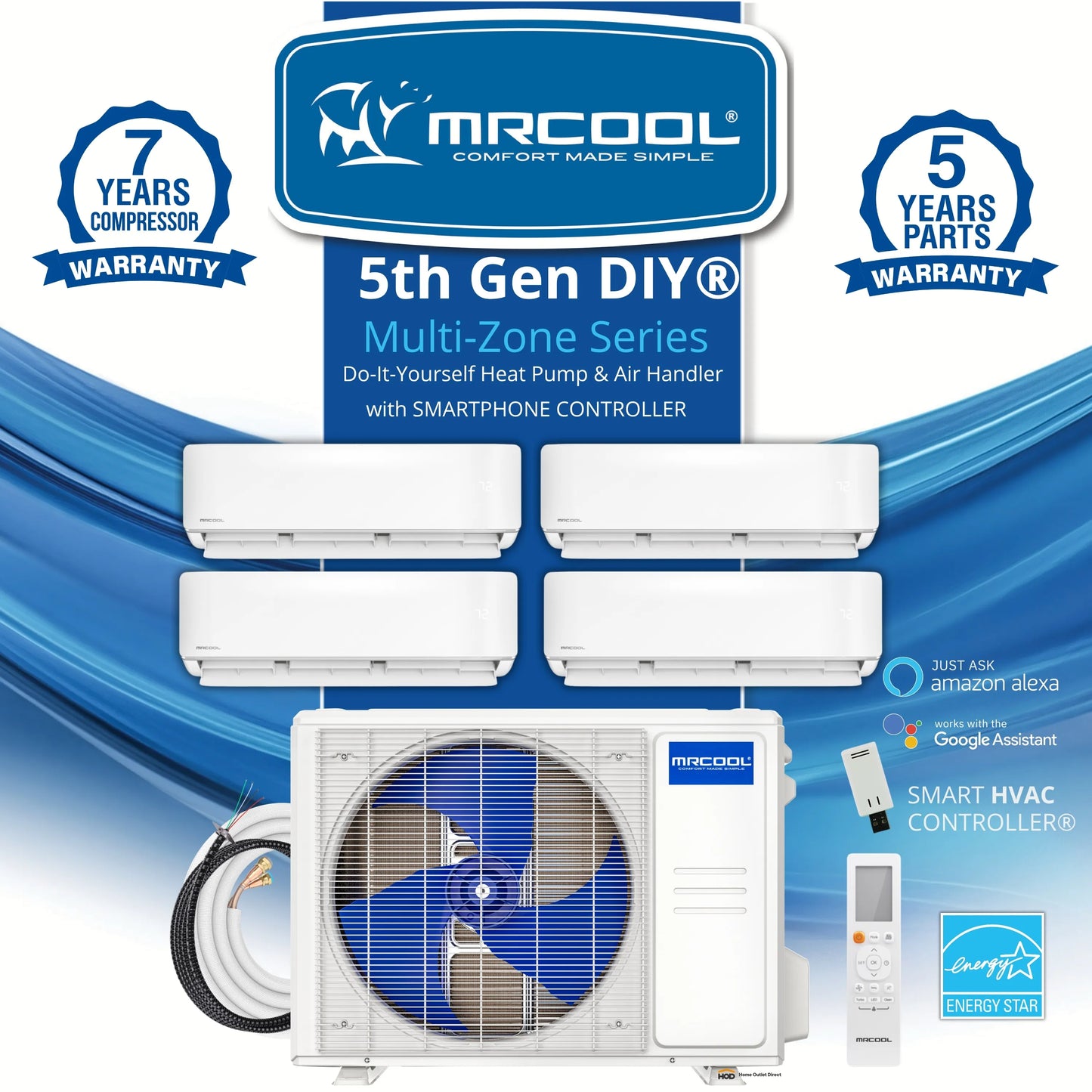 MRCOOL DIY 5th Gen Mini Split - 4-Zone 36,000 BTU Ductless Air Conditioner and Heat Pump Condenser with 18K + 9K + 9K + 9K Wall Mount Air Handlers - DIY5-4Z-36HP-18K9K9K9K