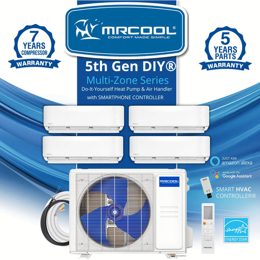 MRCOOL DIY 5th Gen Mini Split - 4-Zone 36,000 BTU Ductless Air Conditioner and Heat Pump Condenser with 12K + 12K + 12K + 9K Wall Mount Air Handlers - DIY5-4Z-36HP-12K12K12K9K