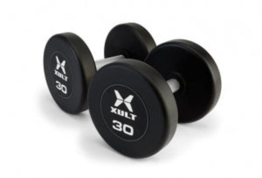 Johnson Health Tech XULT Urethane Round Dumbbells - XULT Urethane Round Dumbbell Pair, Black Plus, 135 lb. - XT-135URE-RND-P
