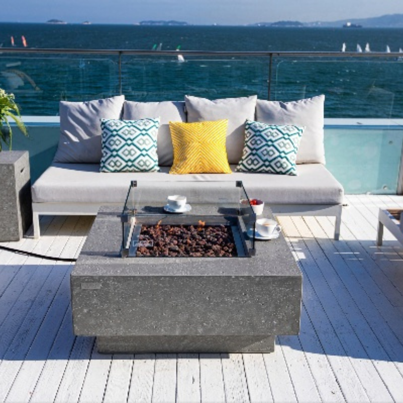Manhattan Fire Table Light Gray on Balcony with sea view