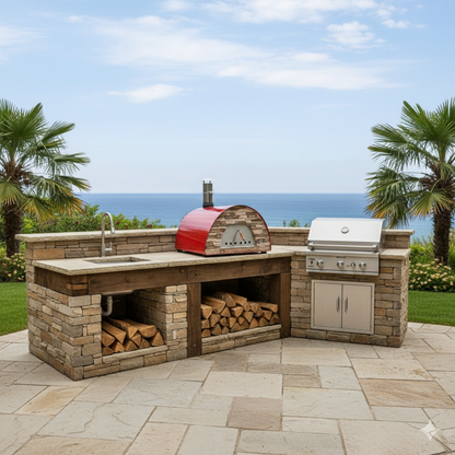 Maximus Prime Pizza Oven_red_in backyrd kitchen with sea_AI
